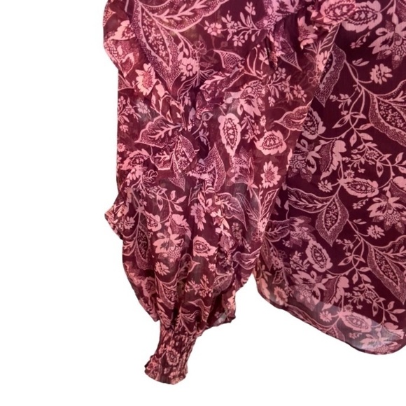 🎁 CeCe Floral Blouse Front Tie Sheer Long Sleeves Burgundy & Pink Size XS - Picture 7 of 12